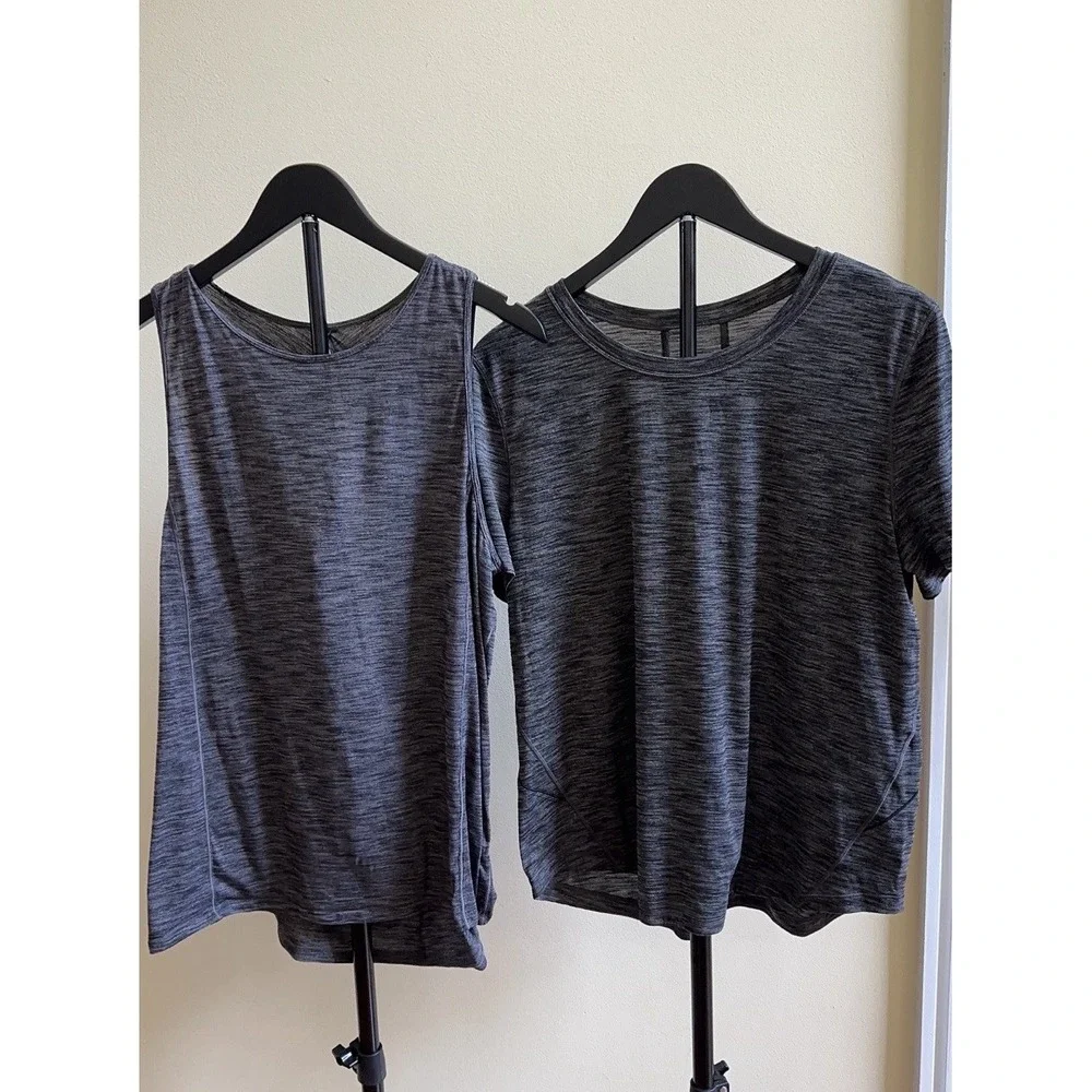 2PC- Lululemon 10 Long Distance Short Sleeve +Low Key Tank SilverHeathered Black